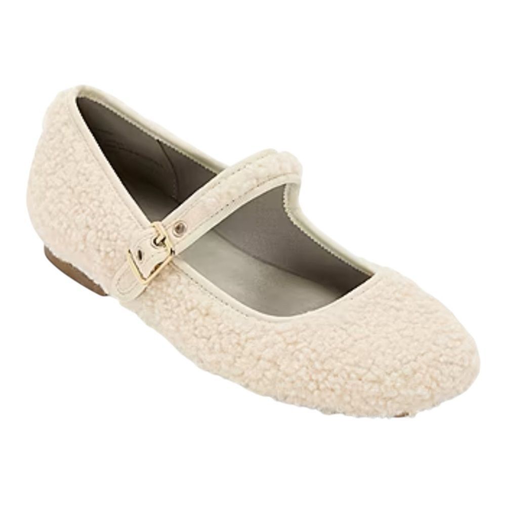 Mixit PALMER Cream Faux Fleece Ballet Flats with Mary Jane Strap